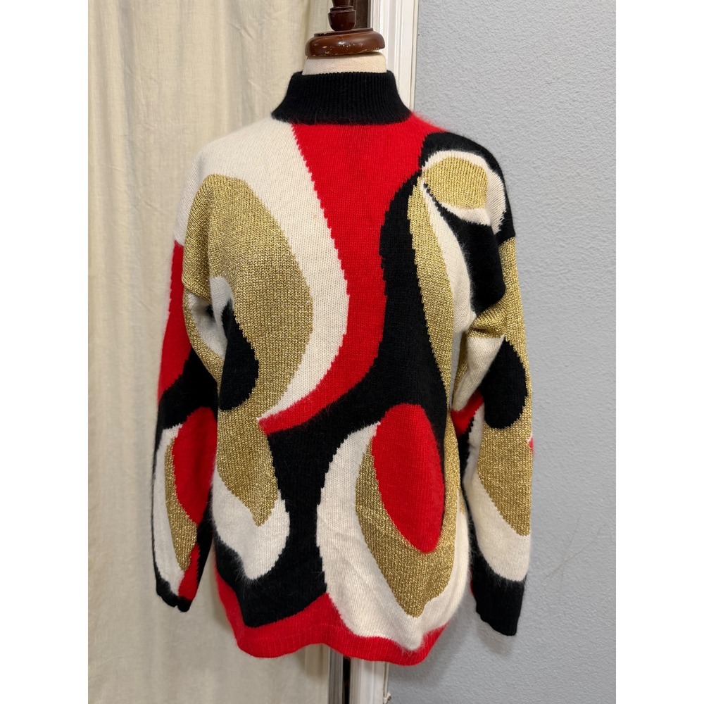 Vintag 80s Rafaella Sweater M Angora Lambswool Abstract Swirl Metallic Mock Neck